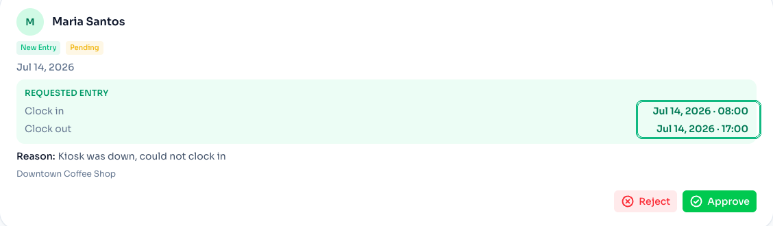 Clock in/out date and time on an approval card