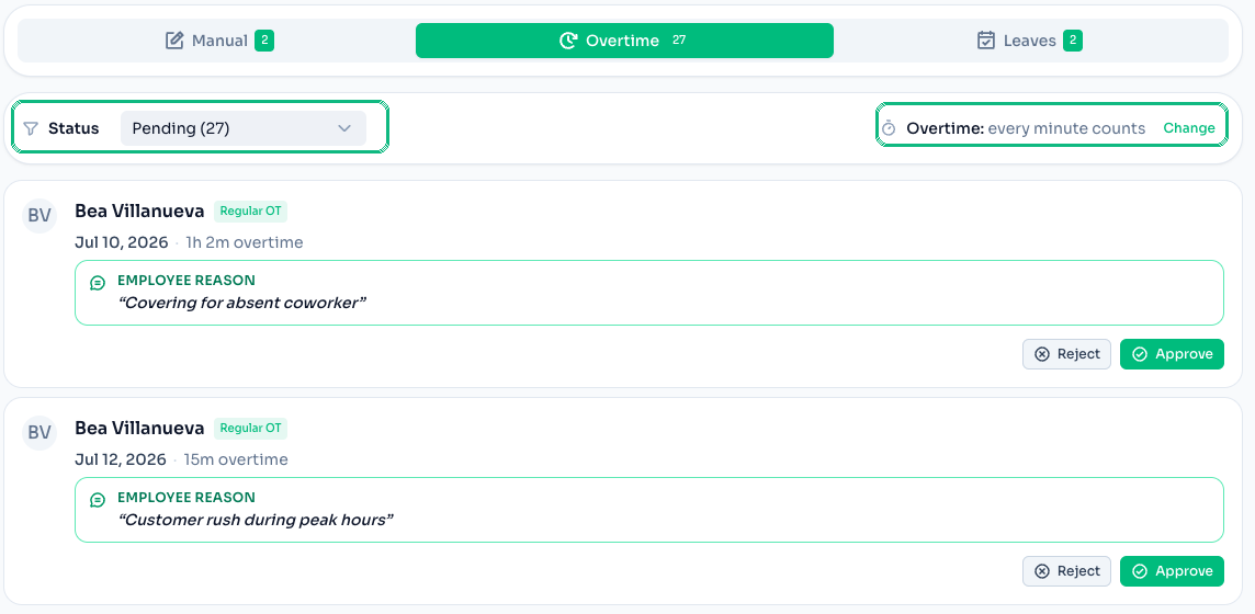 Approvals status filter with counts and the overtime rules shown beside it