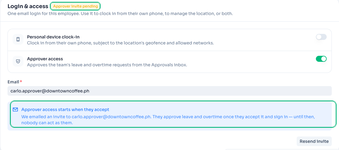 Pending approver invite on an employee's Login & access card