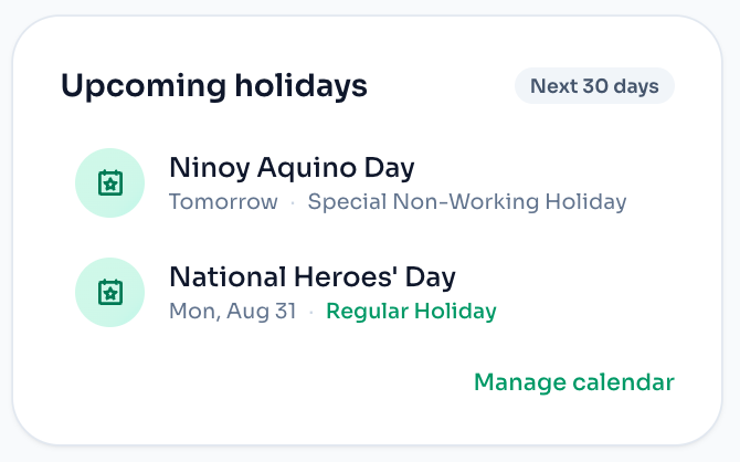 Upcoming holidays card on the dashboard