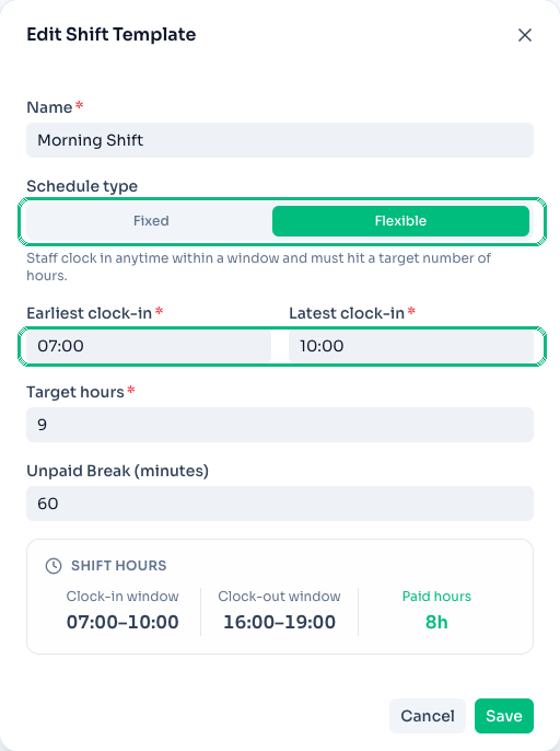 Flexible clock-in window on a shift template