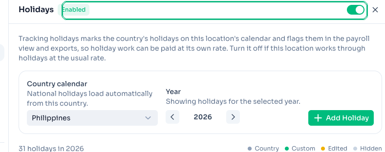 Track holidays toggle in Location settings