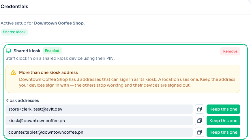 Credentials page flagging duplicate kiosk addresses