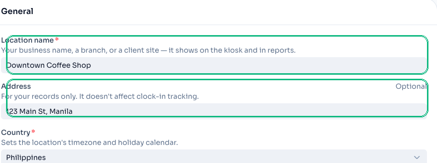 Location name and Address fields with helper text
