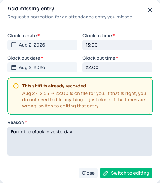 Manual entry form catching a request that overlaps an entry already on file