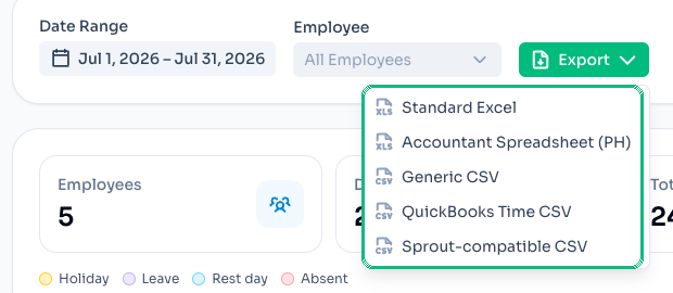 Payroll export presets menu