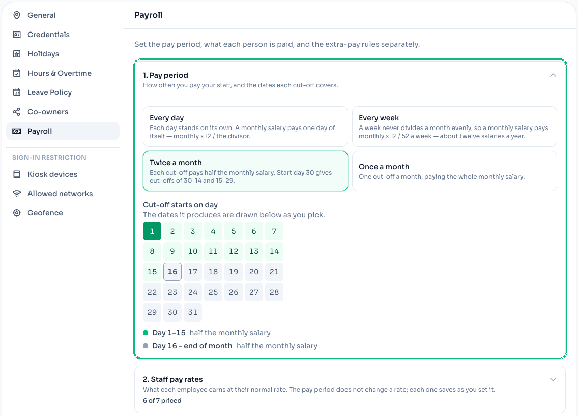 Pay period settings with the twice-a-month schedule and the cut-off day picker