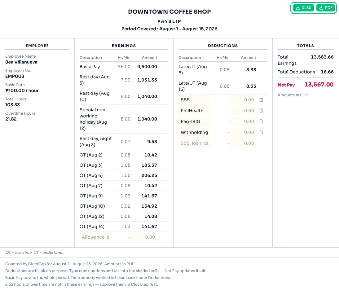 Payslip with earnings, blank deduction rows and the XLSX and PDF download buttons