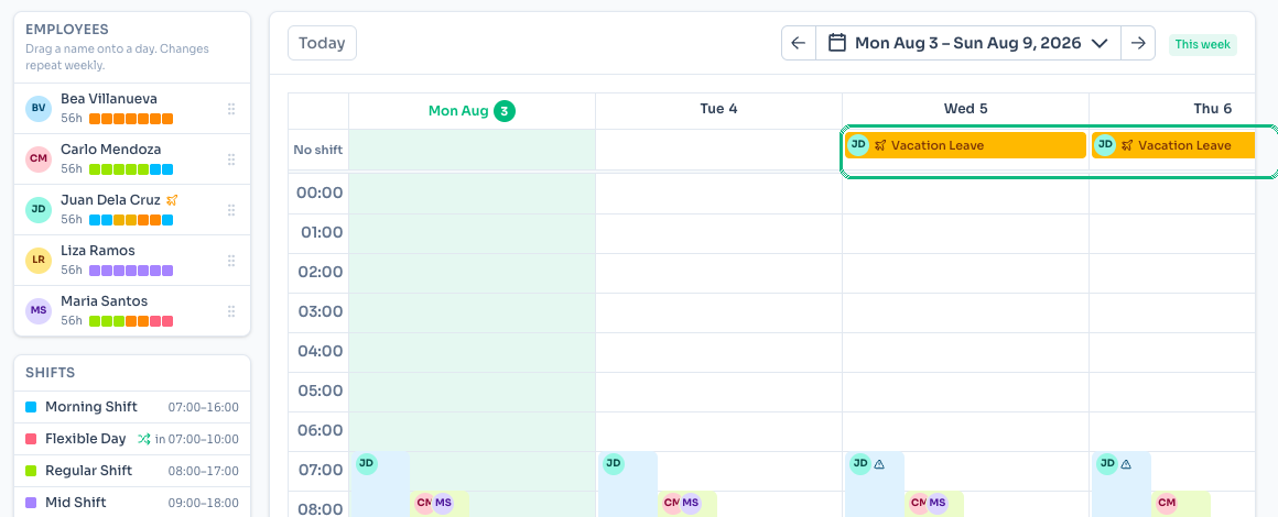 Vacation leave shown on the Team Planner grid, with a scheduling clash flagged