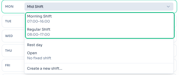 Shift picker listing templates above Rest day and Open