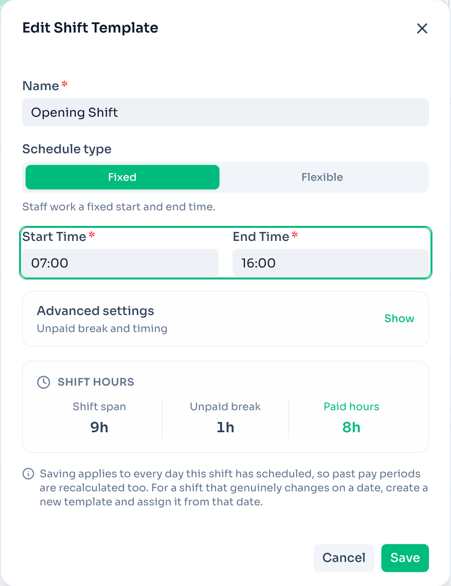 Edit Shift Template modal with editable start and end times