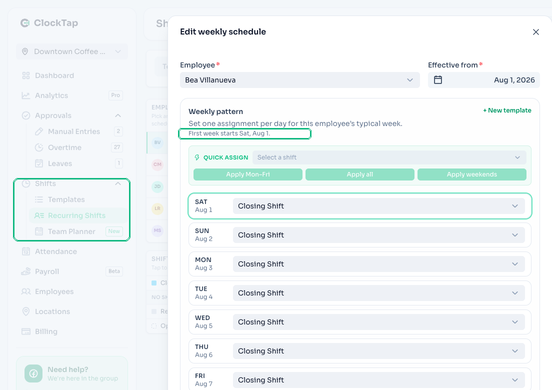 Sidebar Shifts navigation and the weekly schedule editor showing real dates