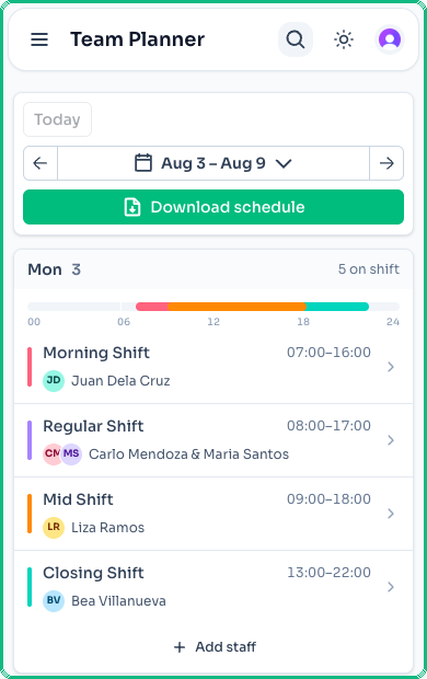 Team Planner as a day-by-day list on a phone screen