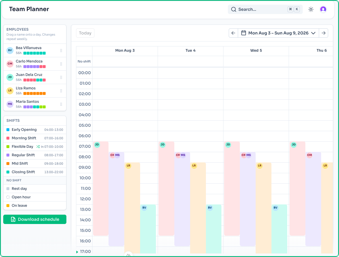 Team Planner grid showing the employee roster, shift legend, and the week's schedule